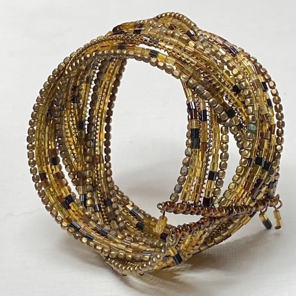 Gold beaded boho style cuff stretch bracelet